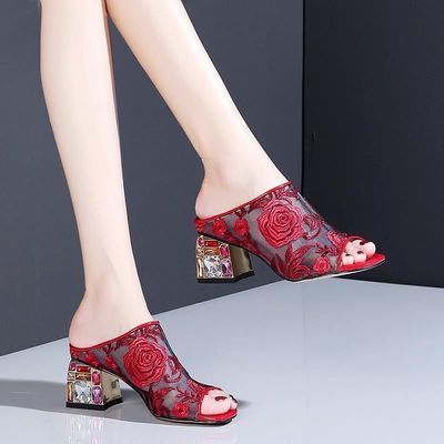 Ethnic Wind Rhinestone Mid-heel Mesh Slippers