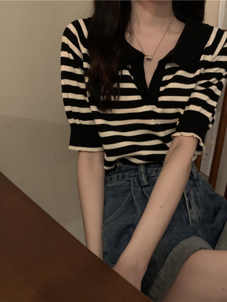 Thin Summer Striped Short Sleeve T-Shirt Knit Top