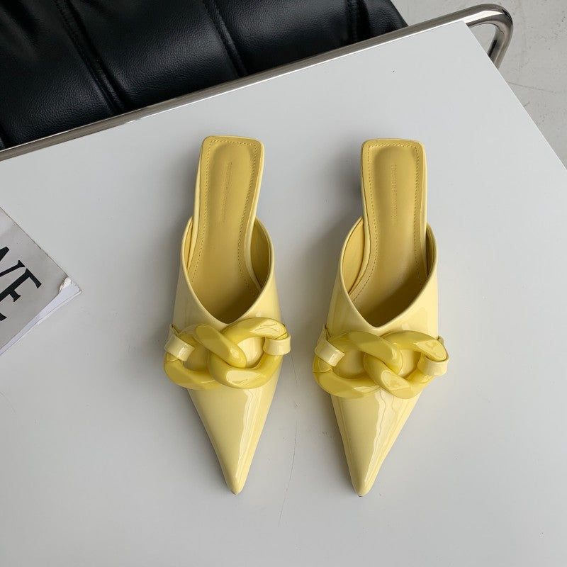 Fashion Candy Color Chain Pointed Toe Low Heel Baotou Half Slippers Women