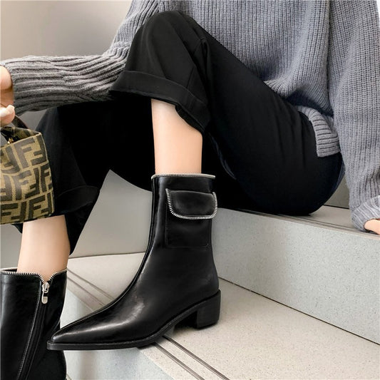 Pointed Thick Heel Fashion Zipper Bag Short Boots Casual Retro Martin Boots Single Boots