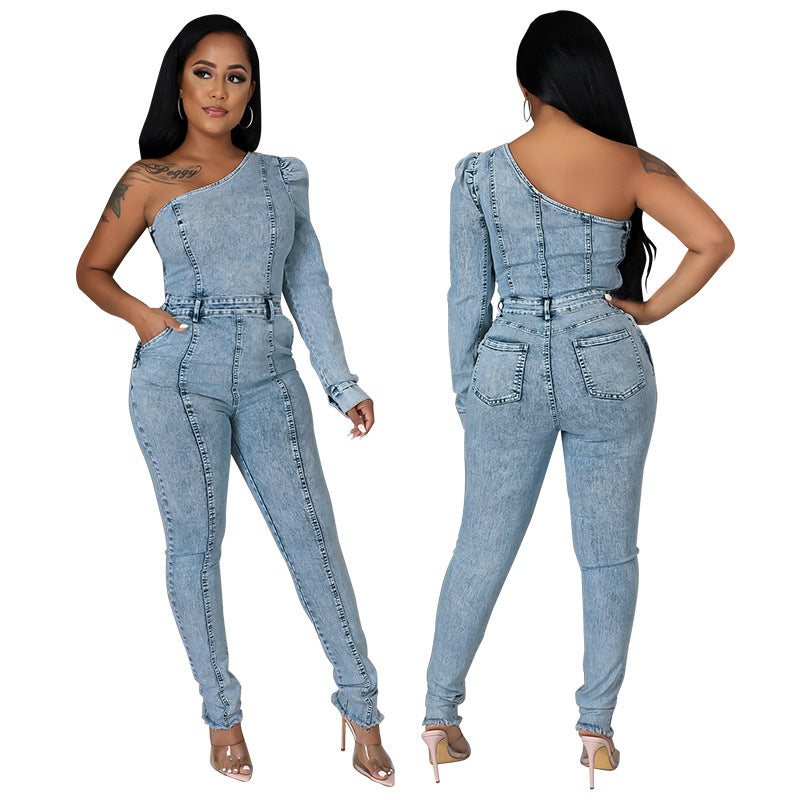 Autumn New Fried Salt Washing Craft Unilateral Sleeve Jumpsuit