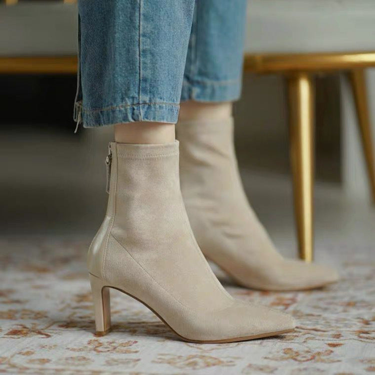 Stiletto Heel And Pointed Temperament Suede Sheepskin Plus Velvet Back Zipper Thin Boots