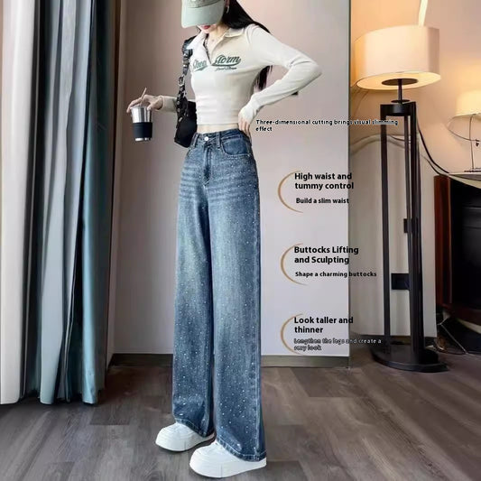 Koreansk stil Rhinestone Højtaljede Smalle Brede Ben Jeans