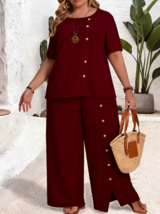 Solid-color Button-up Casual Loose-fit Set