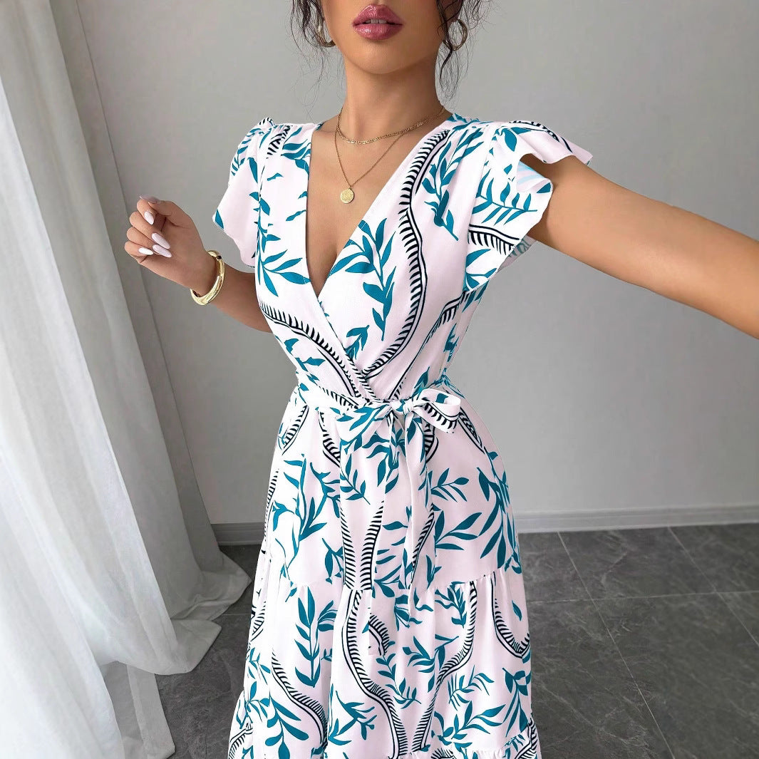 A-line Dress With Lace-up Details And Short Sleeves