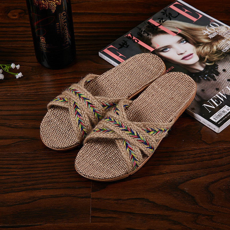 New Linen Slippers Female Summer Indoor Male Net Celebrity Couple