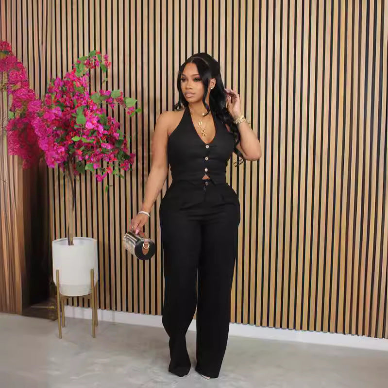 Solid-color V-neck Halter Blazer Vest And Pants Set