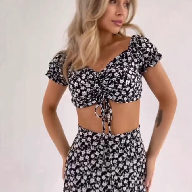 Womens Retro Lace-up Top And Skirt Set