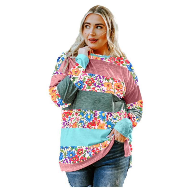 Green Plus Size Color Block Loose Long Sleeve Top