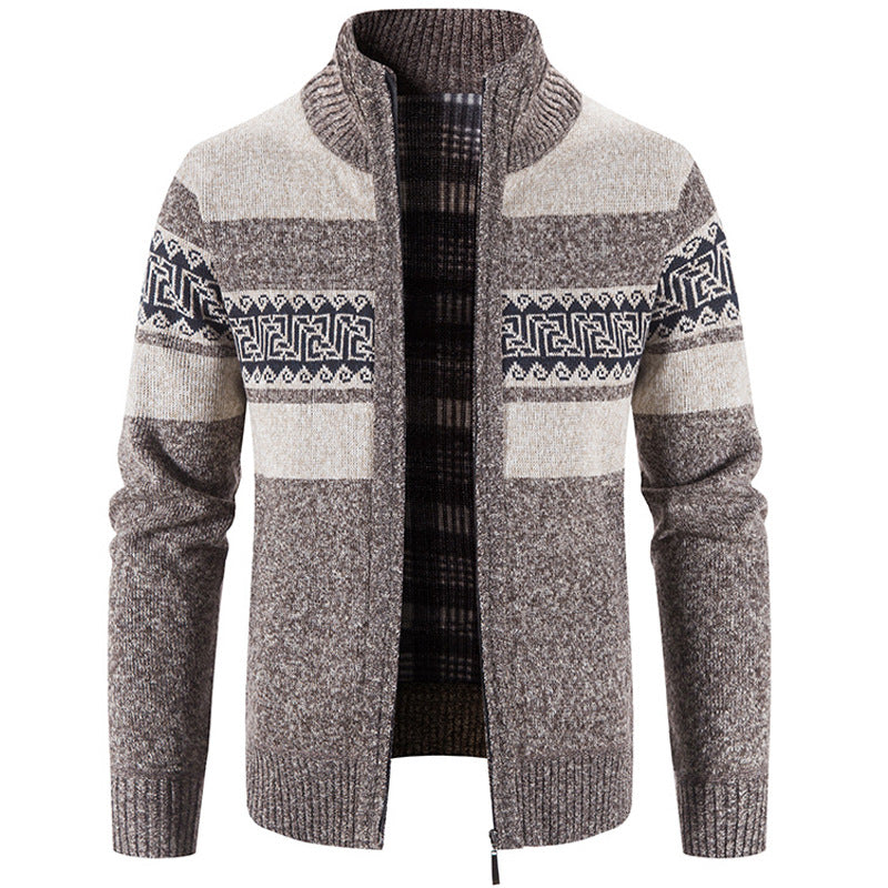 Casual Men's Hooded Color Block Printed Cardigan Knitted Cardigan Sweater Jacket