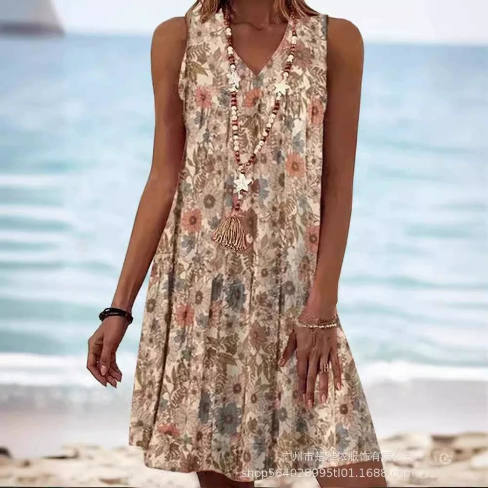 Women's Loose Fitting Dress With Sleeveless Printing