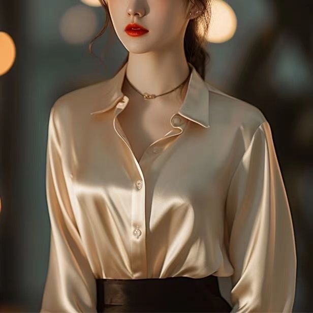 French-style Sophisticated Satin Faux-silk Blouse For Women