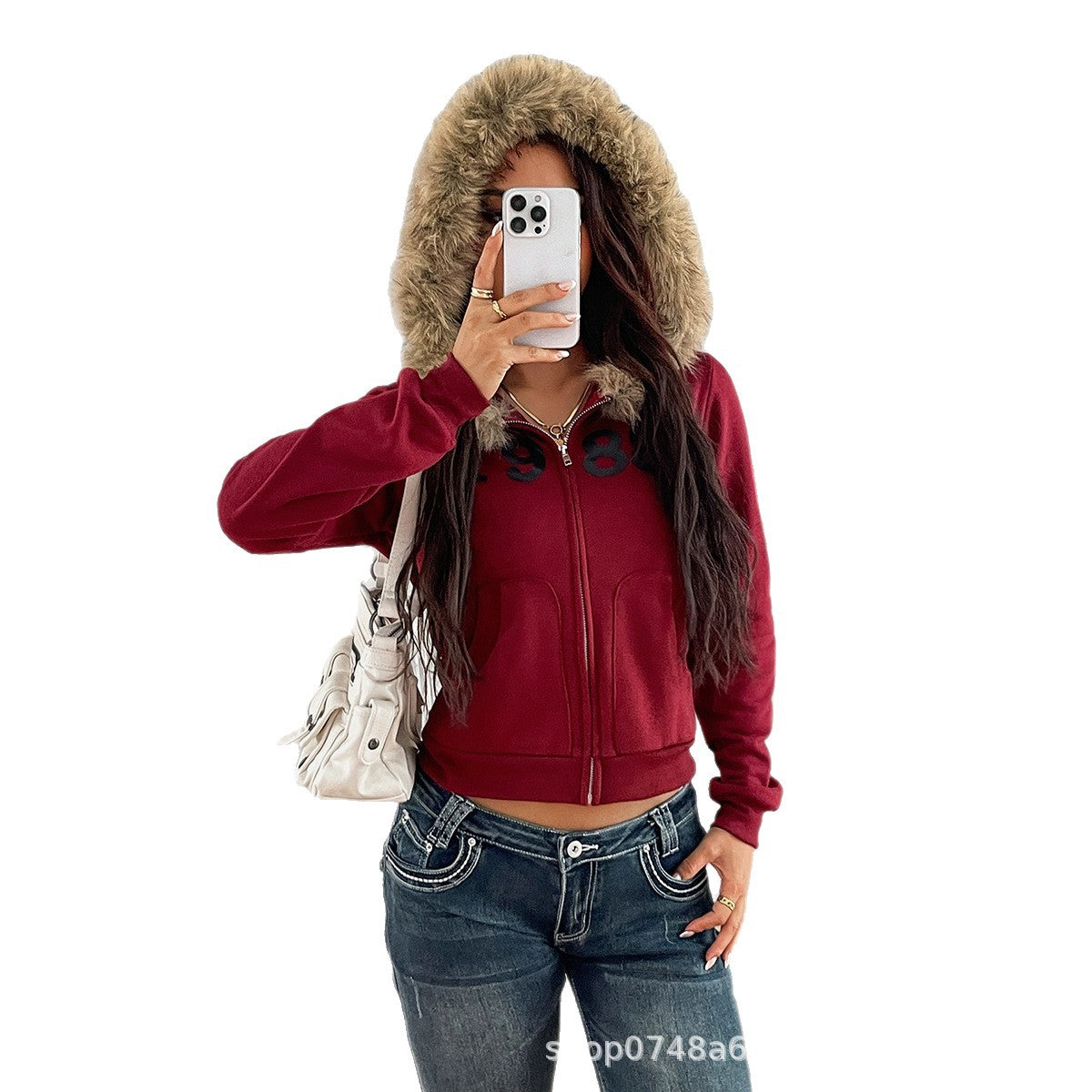 Womens French-Elegant Coat With Zipper And Faux Fur Collar