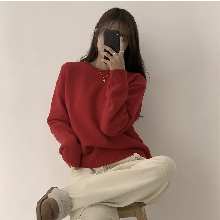 Red Sweater Round Neck Pullover Pure Color Minimal Versatile Sweater
