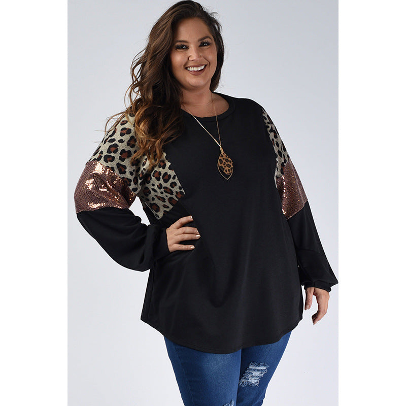 Plus Size Løs Slank Pasform Leopard Blomstret Print Langærmet Pullover