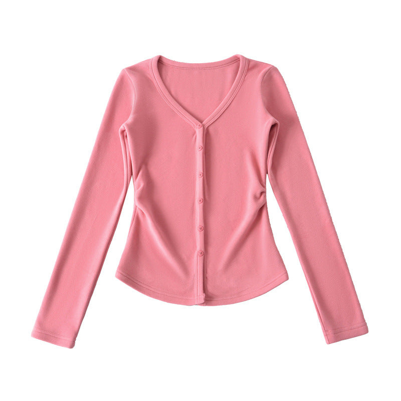 Macaron-colored V-neck Button-front Waist-cinching Top With Long Sleeves