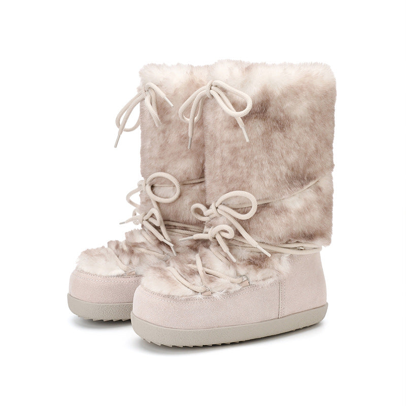 Womens Casual Thin-Strapped Insulated Flat-Heeled Mid-Calf Snow Boots