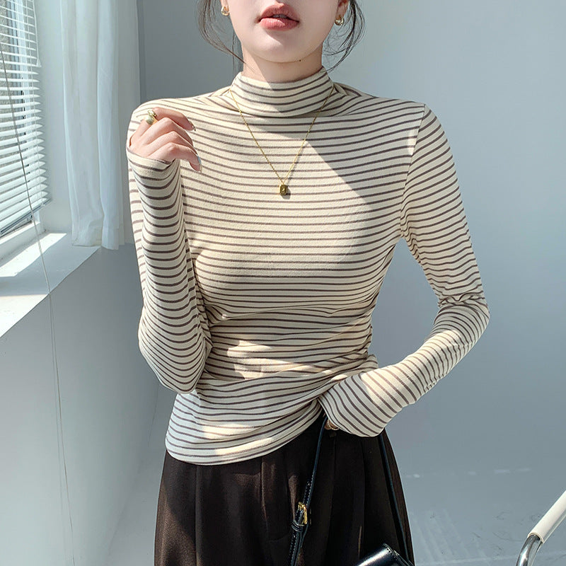 Half Collar Top Pinstripe Long-sleeved T-shirt