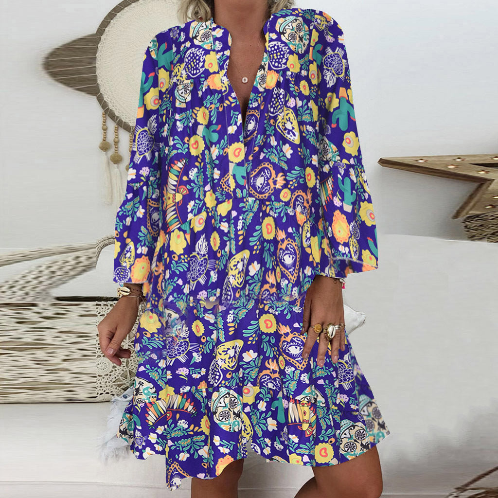 Printed Pointed Collar Button Ruffled Loose Dress