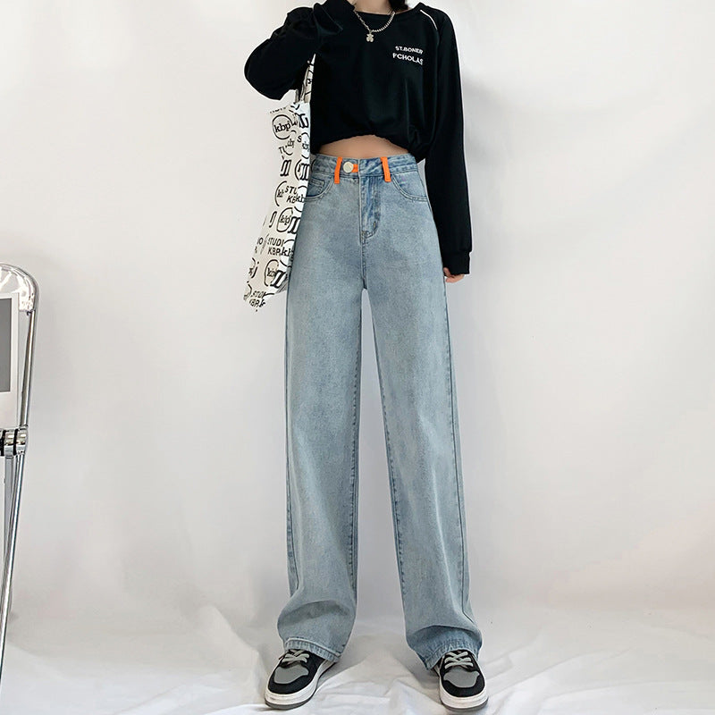 High-waisted Straight-leg Loose-fitting Elasticated Back Waist Denim Wide-leg Pants