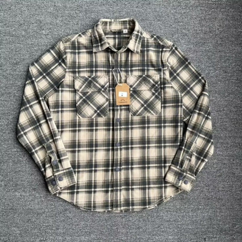 Retro Casual Slim-Fit Striped Corduroy Plaid Shirt