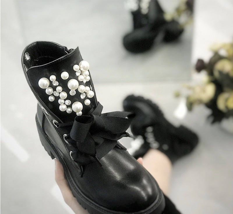 Solid Color Front Lace-up Pearl Mid-tube Martin Boots
