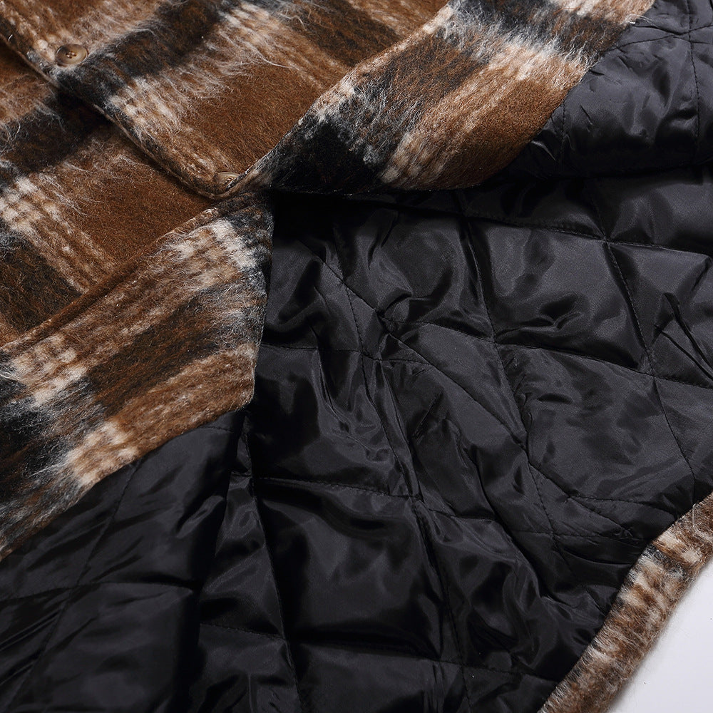 Plaid Woolen Men's Winter Cotton Padded Lapel Loose Mid-length Overknee Coat