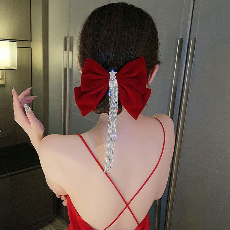 Red Bow Encrusted Tassel Hairpin Back Head Spring Top Clip
