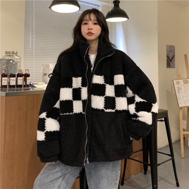Women's Contrast Color Lamb Wool Cotton Coat