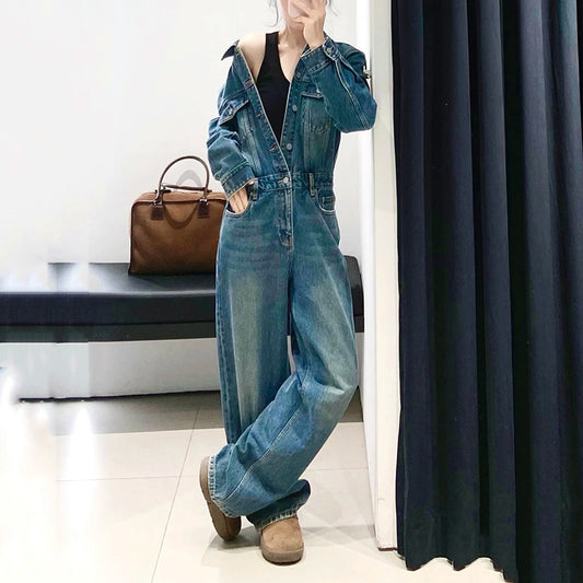 Retrovasket jumpsuit med høj talje og lige ben til kvinder