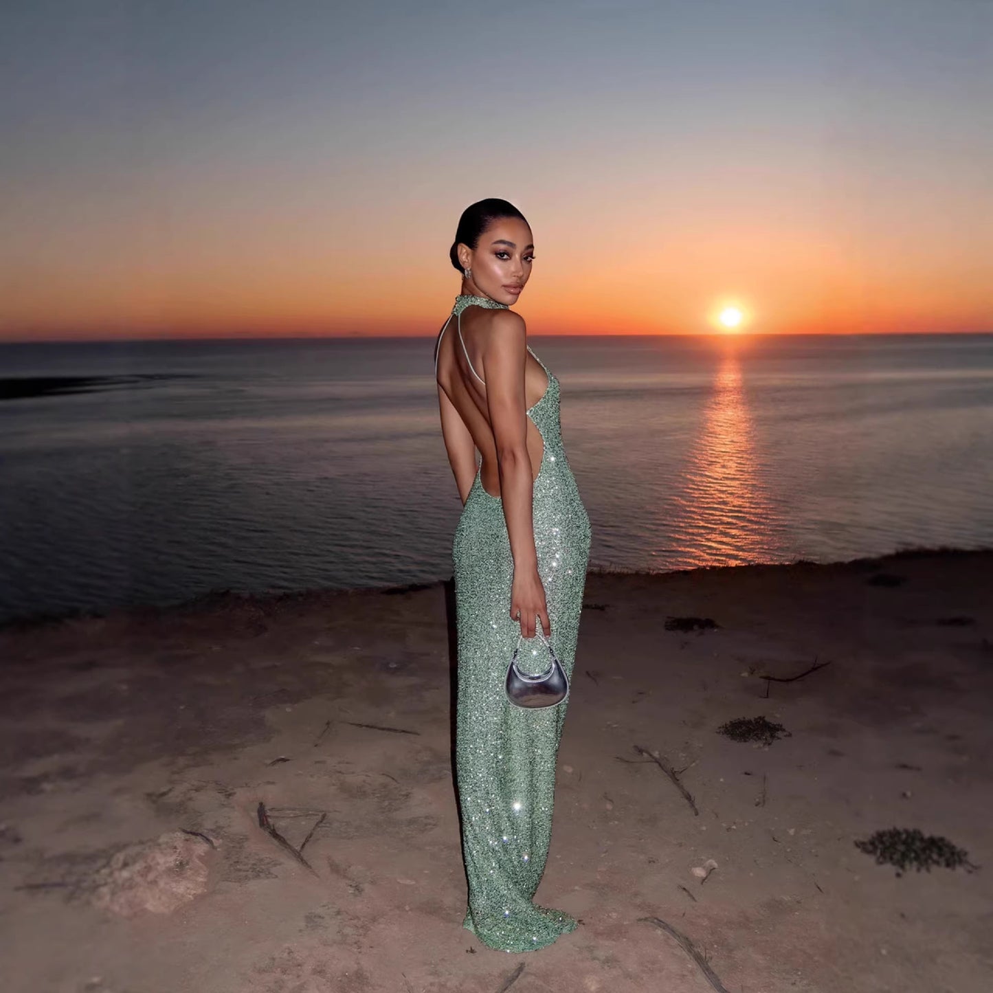 New Halter Neck Sleeveless Sequin Bodycon Evening Dress
