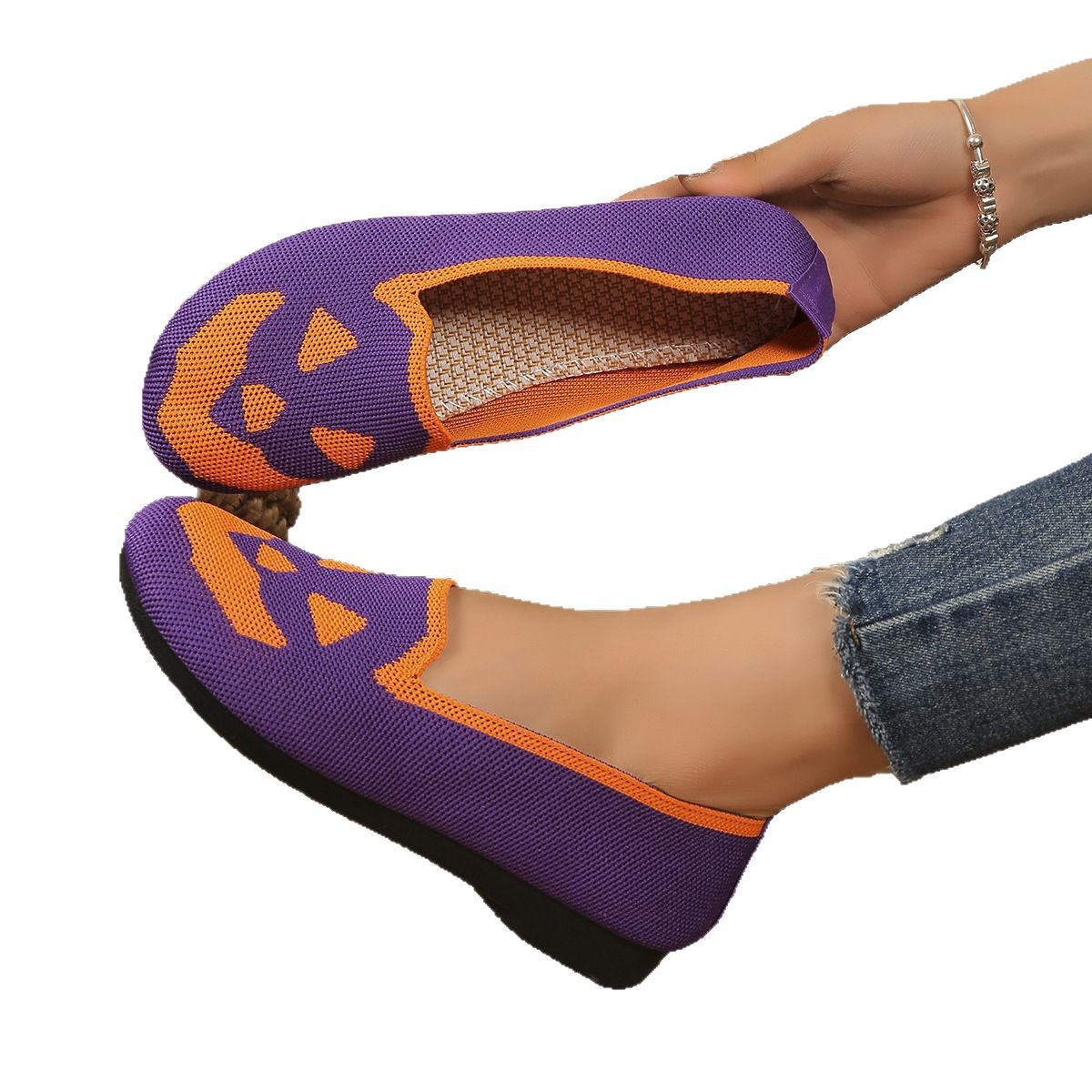 Women's Halloween Pumpkin Printed Breathable Flying Woven Shoes