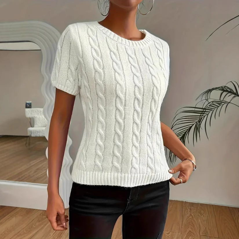 Simple Round-neck Comfortable Rib Short Sleeve Pullover Sweater