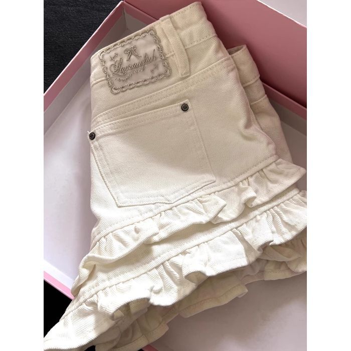 White Ruffled Panel Denim Shorts