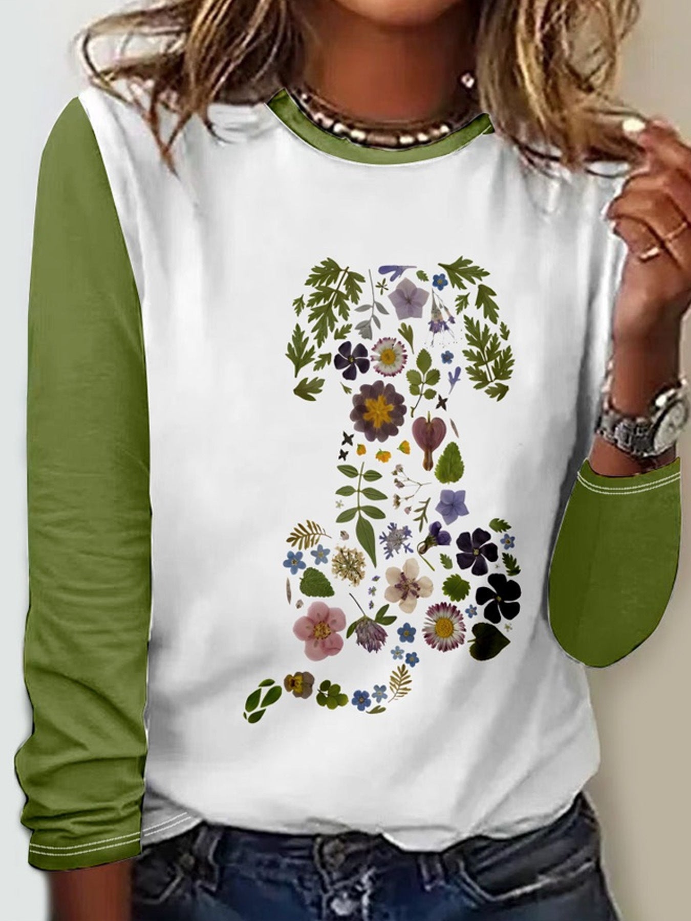 Women's Pullover Floral Printed Round Neck Long Sleeve T-shirt