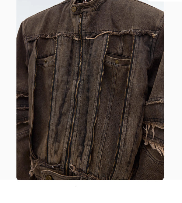 Niche retro-look slidt, vasket denimfrakke med skulderpuder