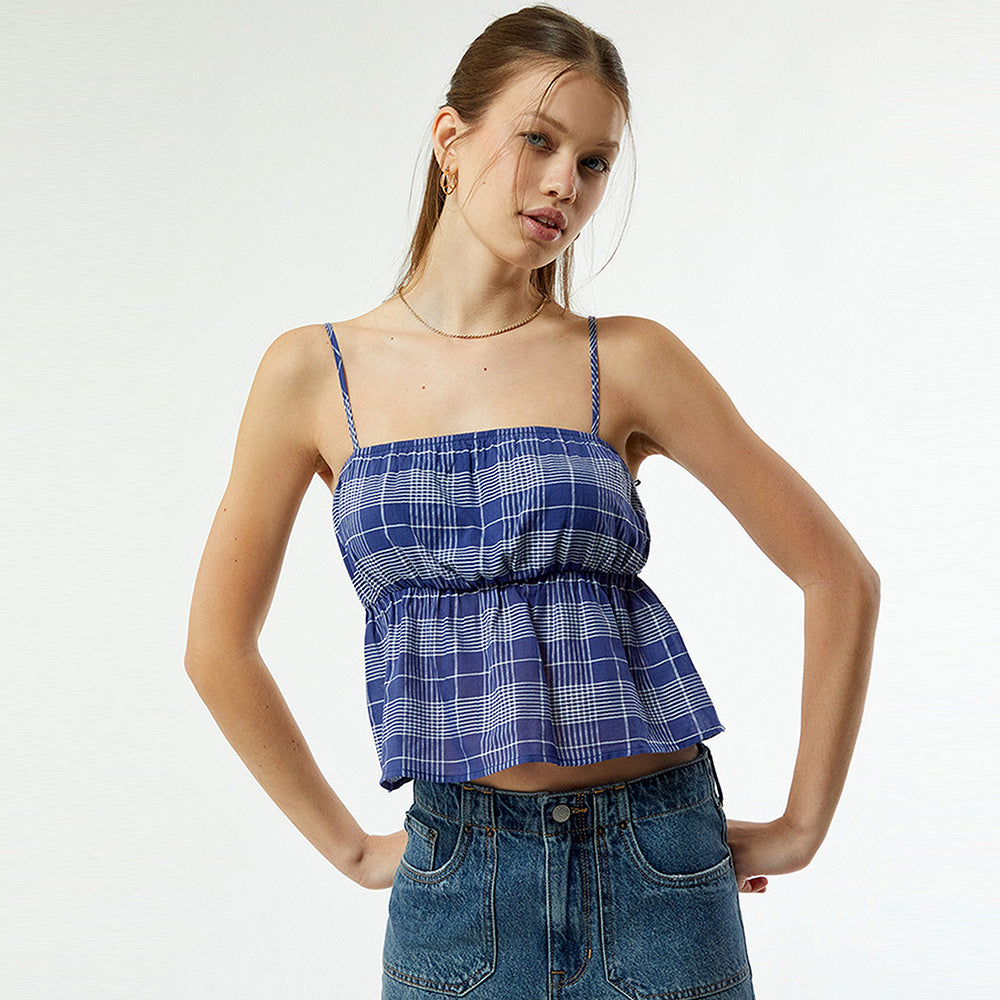 Striped Plaid Off-shoulder Sexy Ruffled Trendy Womens Camisole