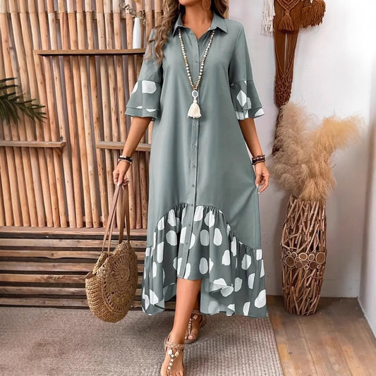 Fashionable Casual Patchwork Polka-Dot Long Shirt Dress For Women