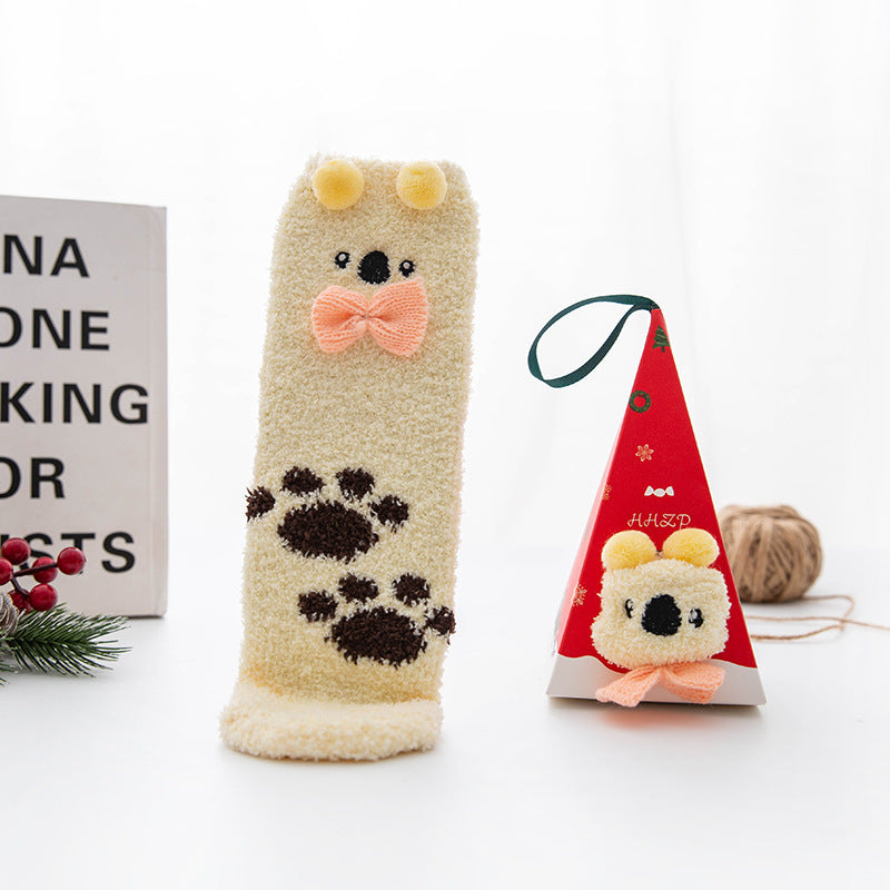 Christmas Stocking Triangle Boxed Coral Velvet Floor Socks Thickened
