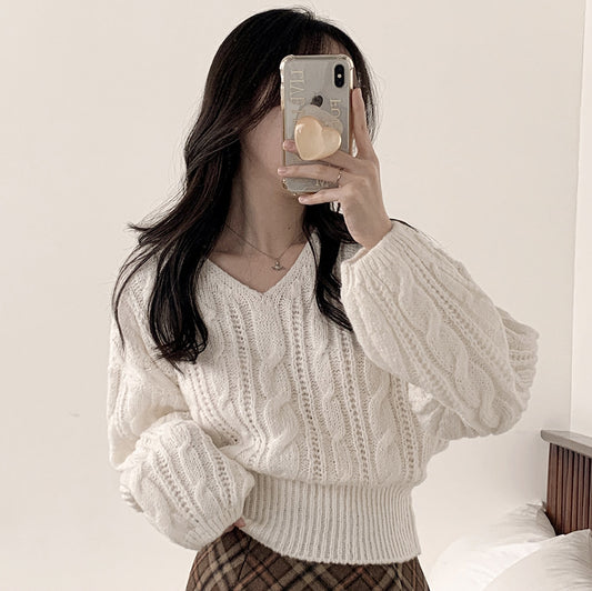 New Korean-style Relaxed-fit Solid-color Cable-knit Sweater With Lantern Sleeves