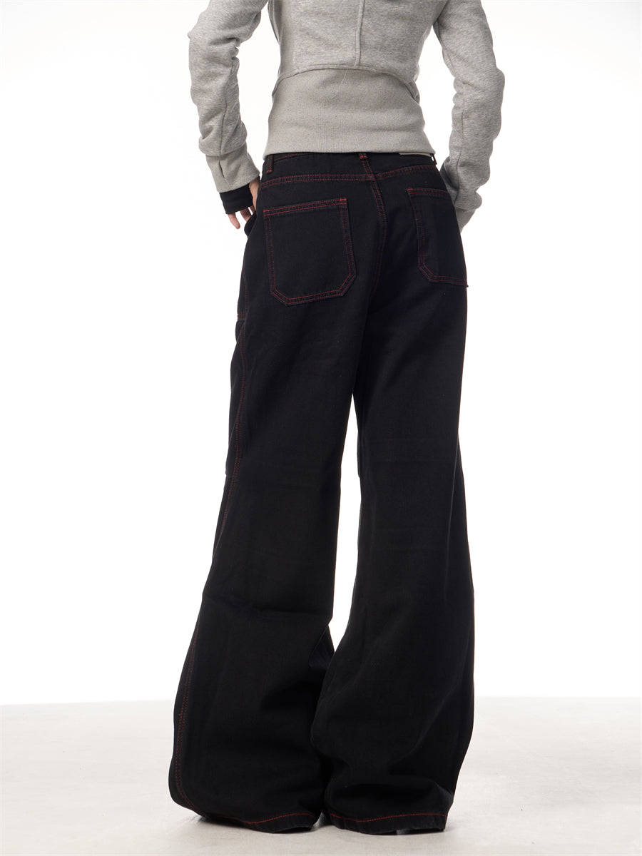 Contrasting Color Of Black And Red Workwear With Pocket Trousers