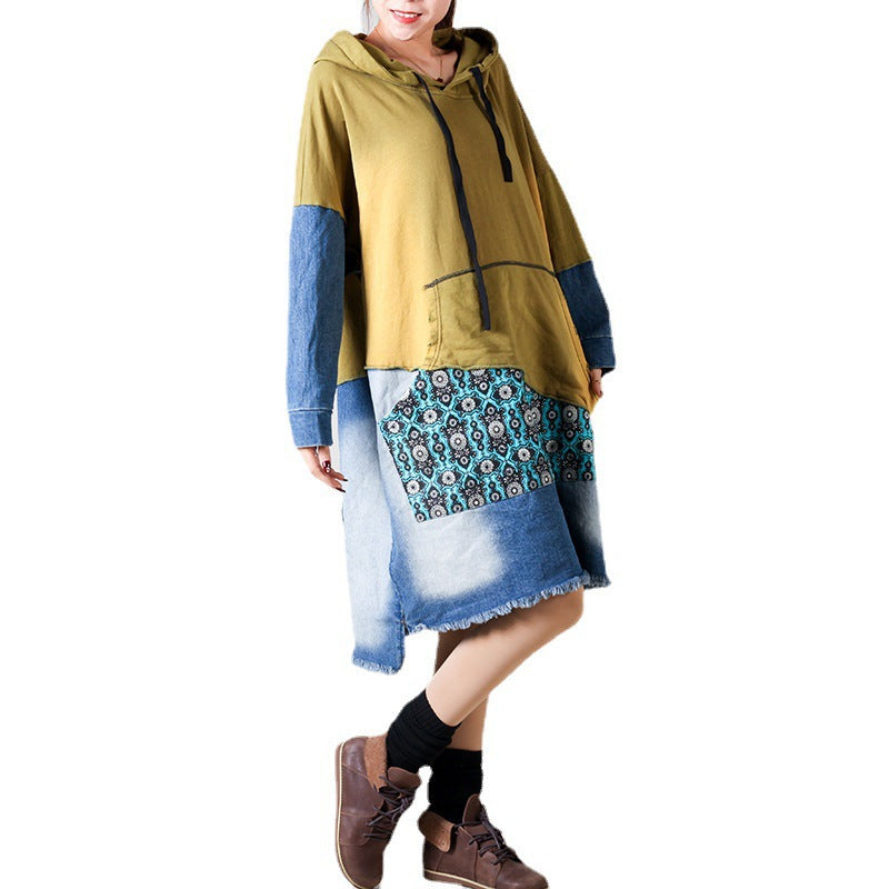 Ny patchwork-hættetrøje i plus size til kvinder, mellemlang model
