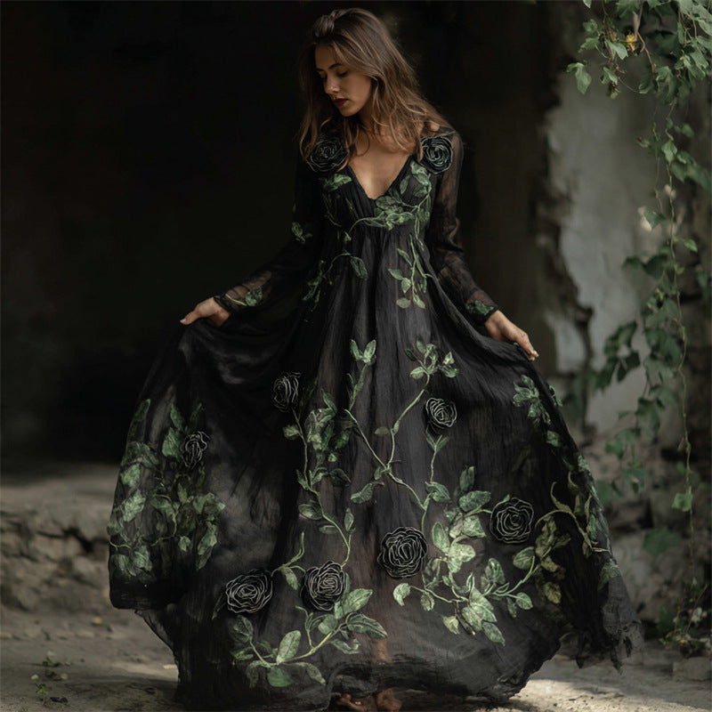 Fitted Waist Color-Block Long-Sleeve Dress