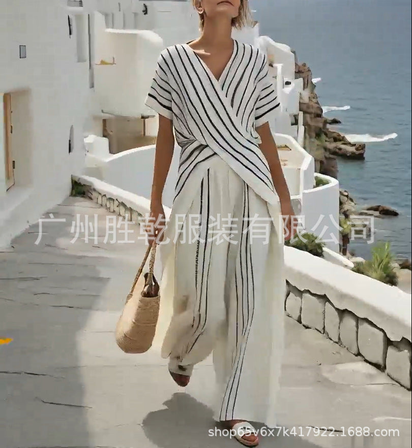 Womens Crew-neck Striped Short-sleeve Top And Straight-leg Wide-leg Pants Two-piece Set