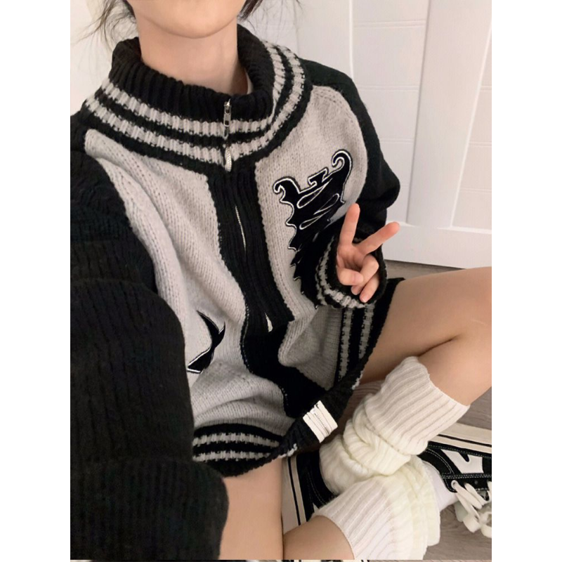 American Retro Cardigan Knitted Coat Women's Zip Sweater