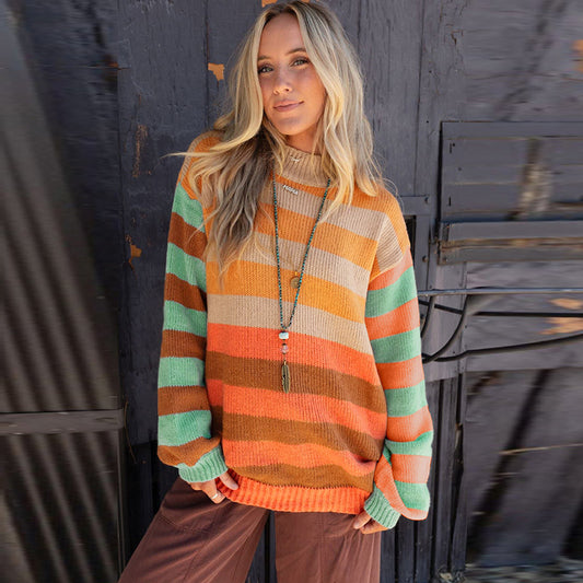Women's Creative Striped Pullover Round Neck Long Sleeves Sweater