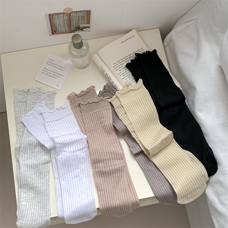 Solid Color Rib Fabric Wooden Ear Lady White Tube Bunching Socks