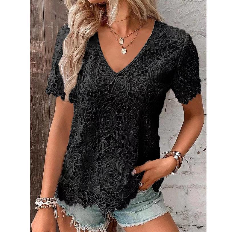 Short Sleeve Lace V-neck Loose Sweet Stripe T-shirt