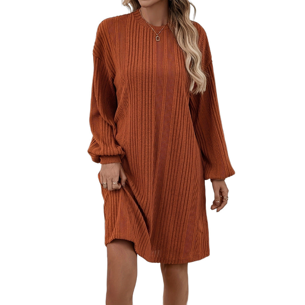 New European And American-style Loose-fitting Round-neck Long-sleeve Knit Dress For Women