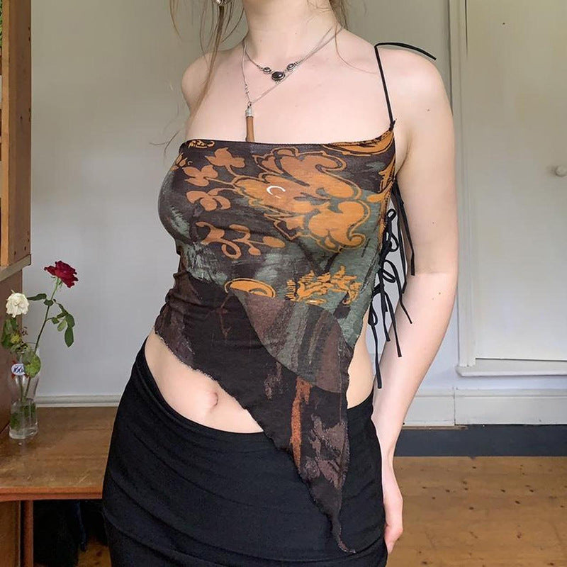 Asymmetric Print Multi-wear Suspenders Hot Girl Undershirt New Summer Hollow Sexy Backless Lace-up Tops